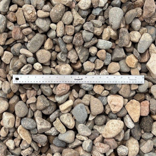 Colorado Sunset cobble. Rounded tan and grey river cobble, 1.5 inch.