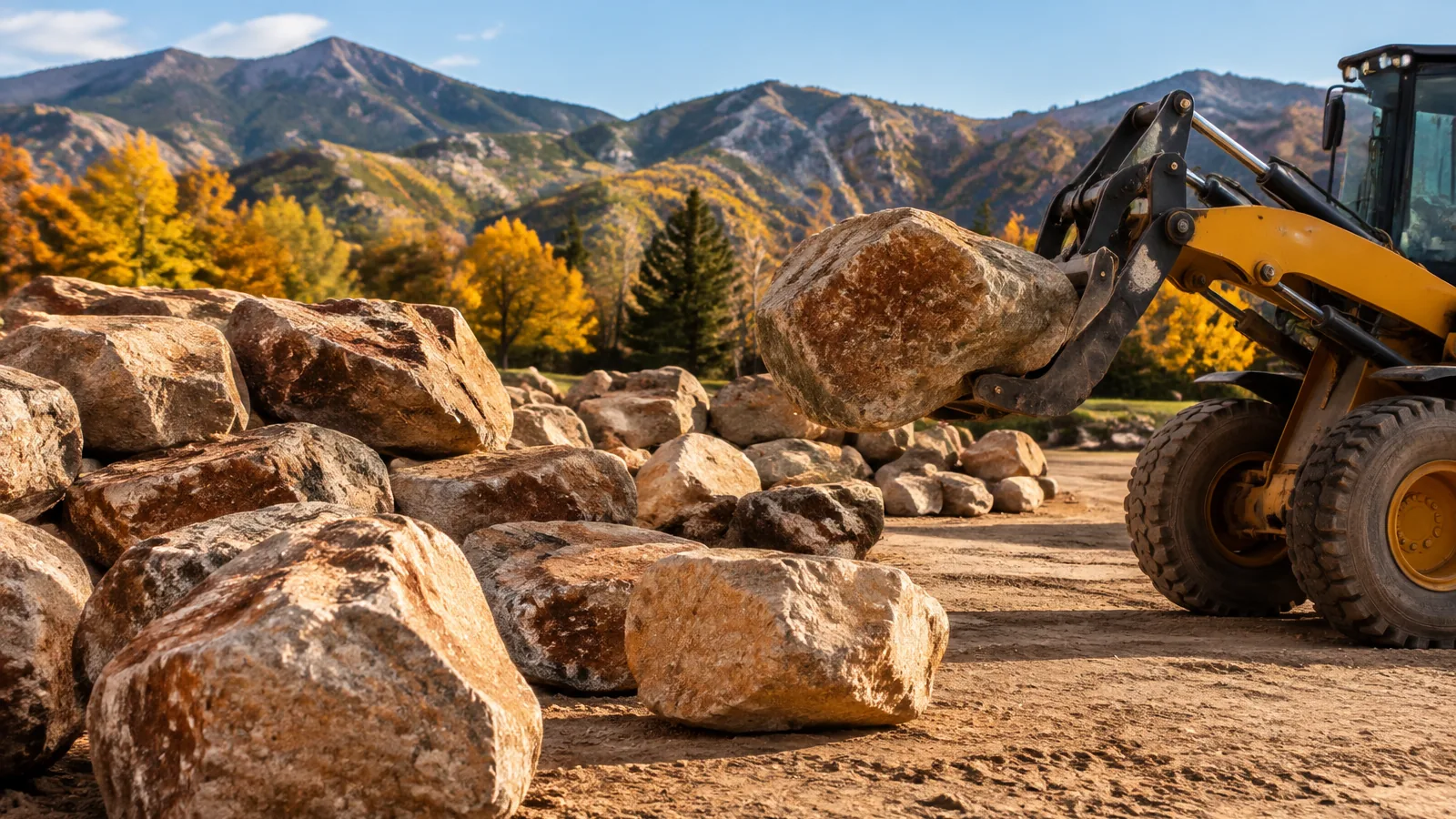 Sorted warm tan granite landscape boulders at a Colorado yard with a loader moving one