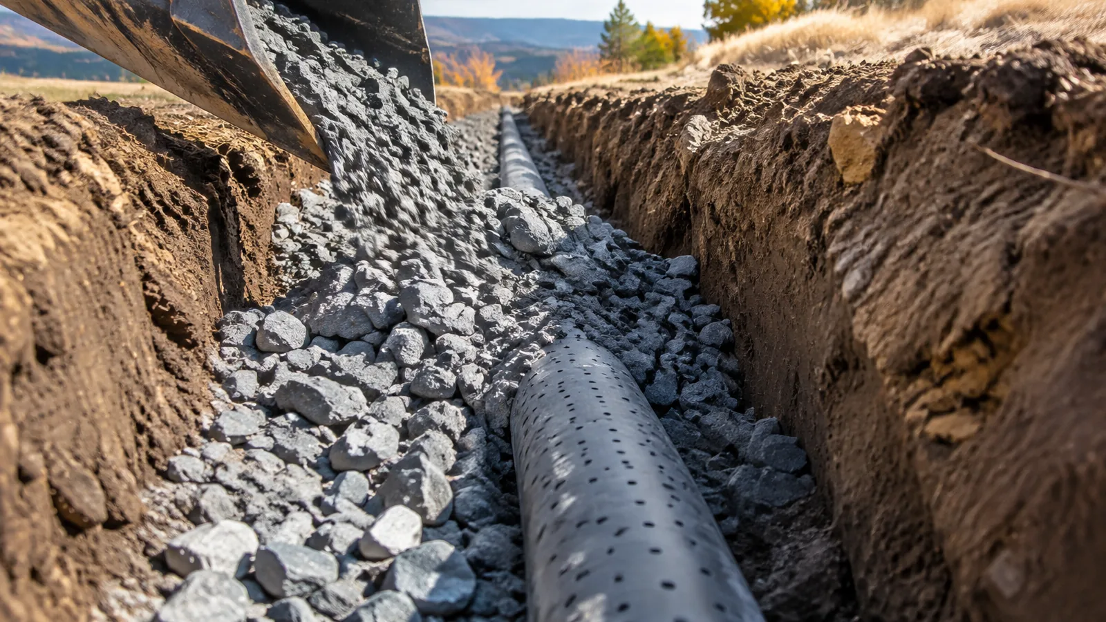 Clean washed 3/4 inch drain rock placed around perforated pipe in a job site trench